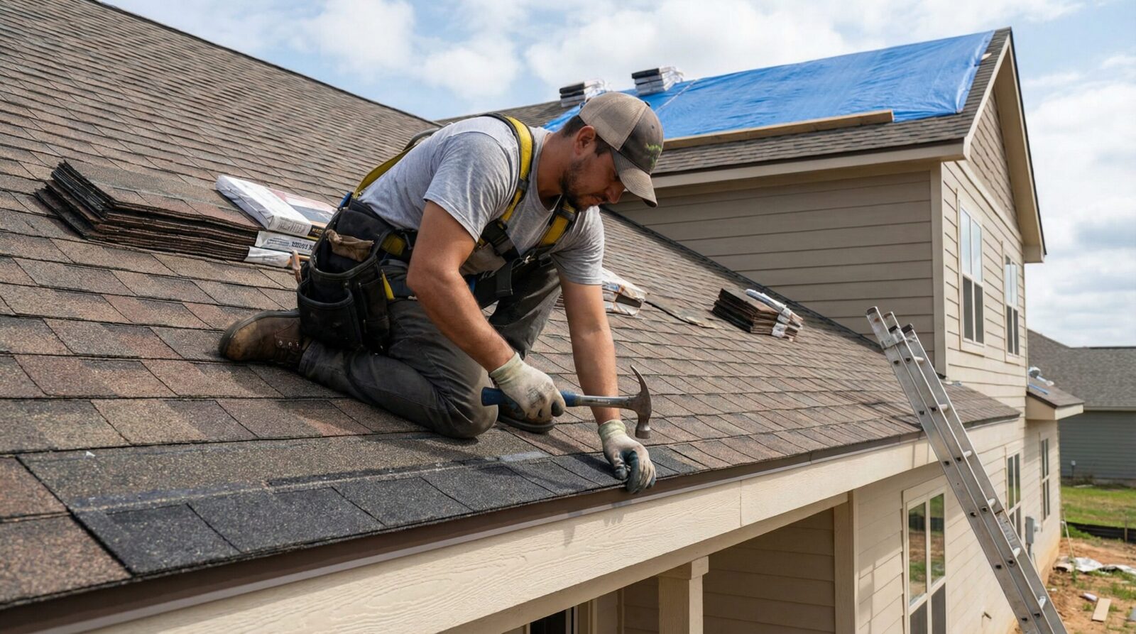 Roofer installing shingles